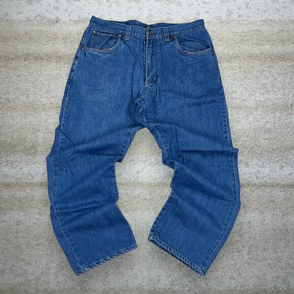 Woolrich Flannel Lined Jeans Medium Wash Work Wear Denim Relaxed Leather Logo - Picture 2 of 5